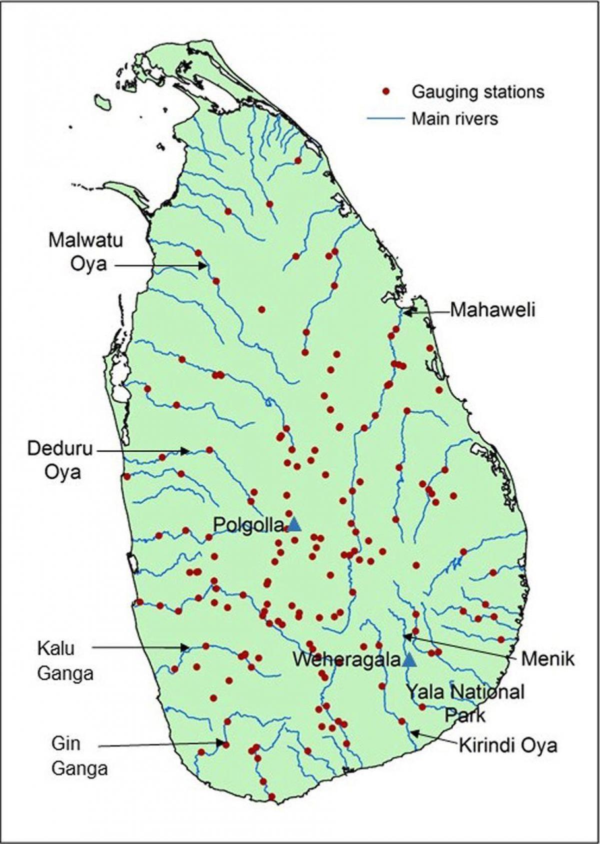 Srí Lanka hlavní řeky mapě