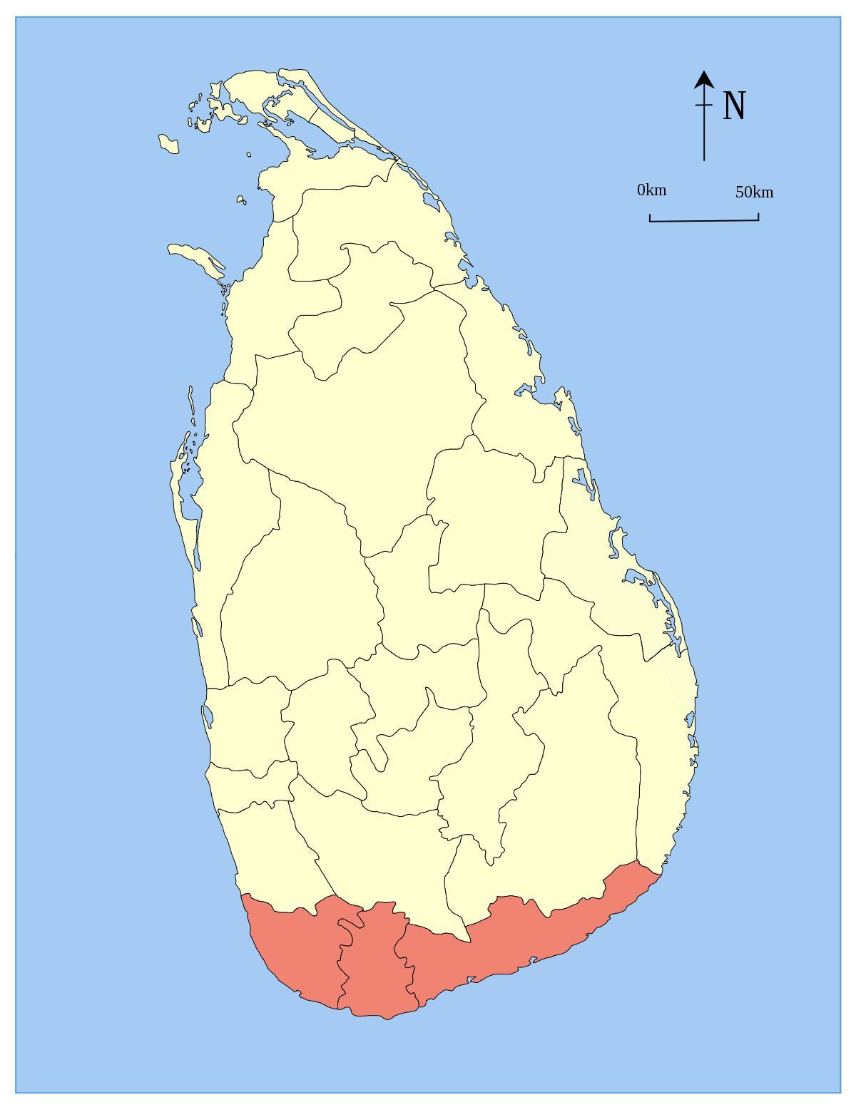 mapa Srí Lanky, jižní provincie