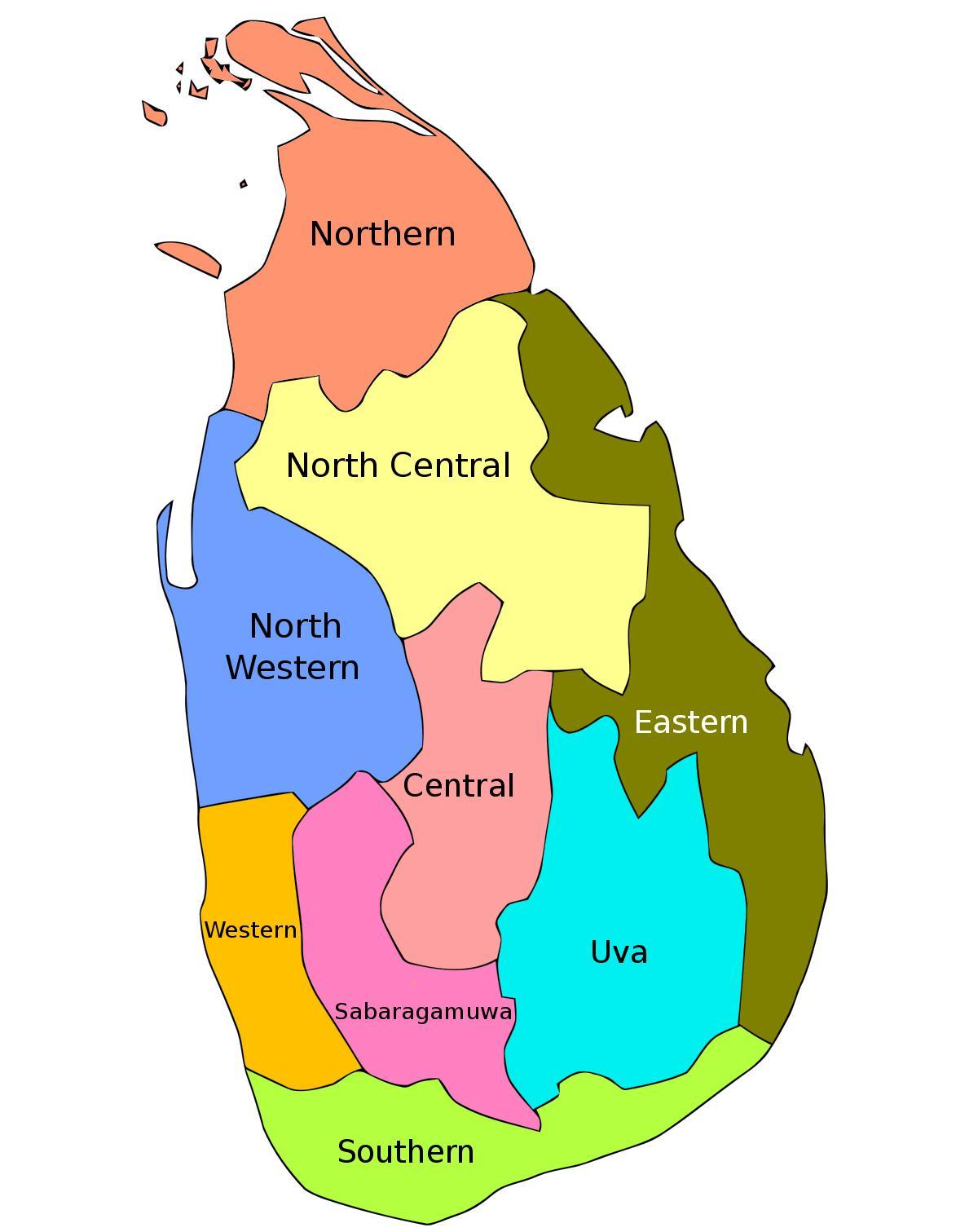 Srí Lanka mapa provincií, okresů
