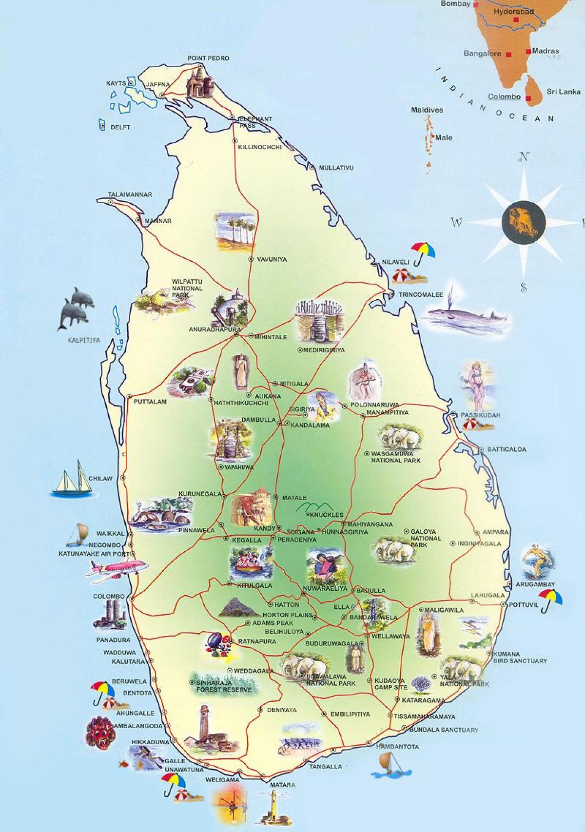 turistických atrakcí na Srí Lance mapě