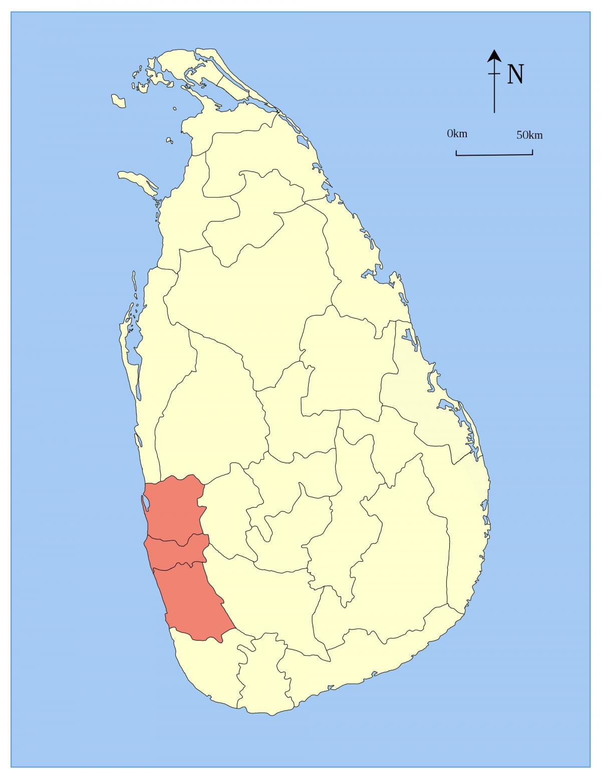 mapa Srí Lanky, západní provincie