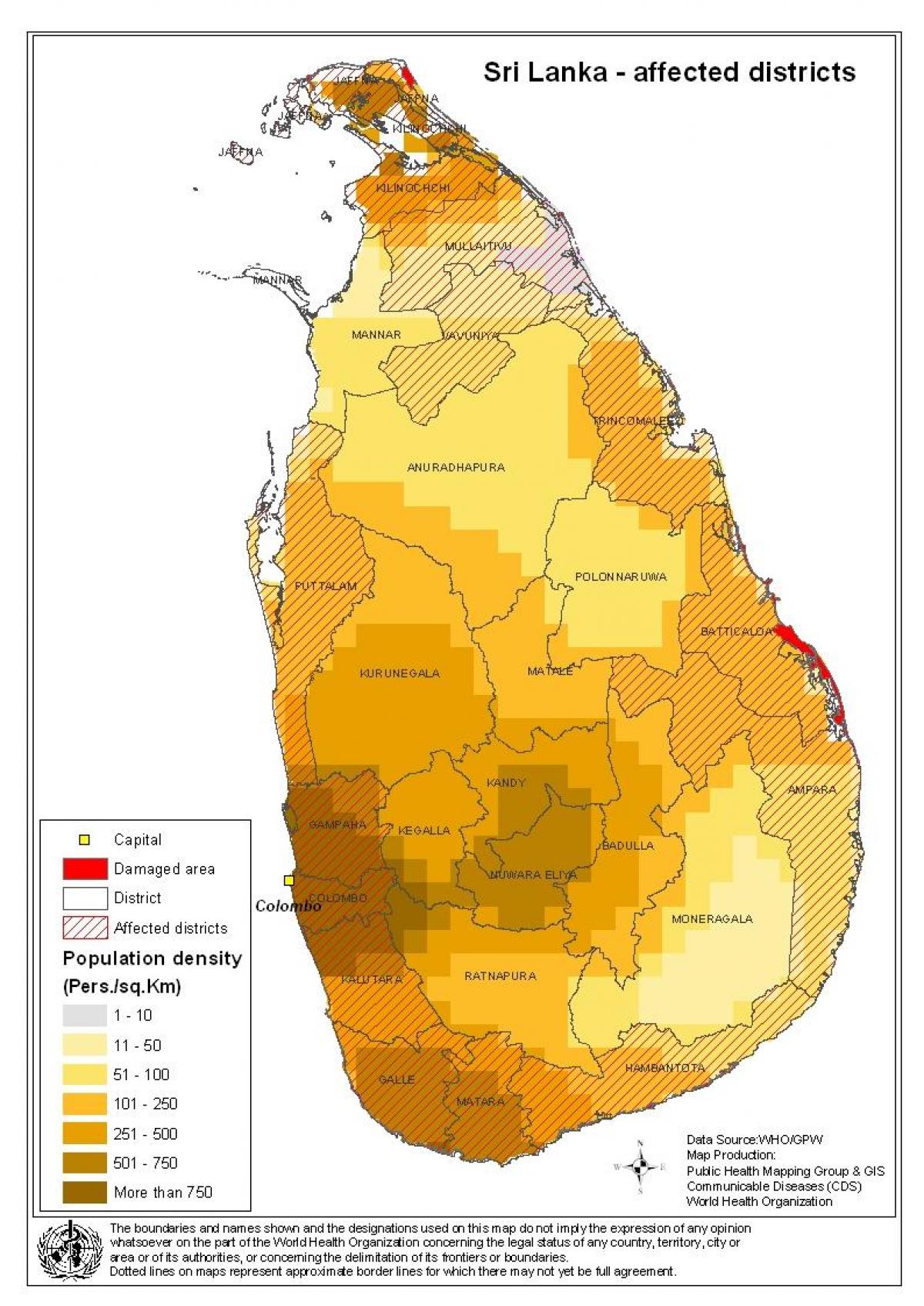 mapa Srí Lanky, hustota obyvatel
