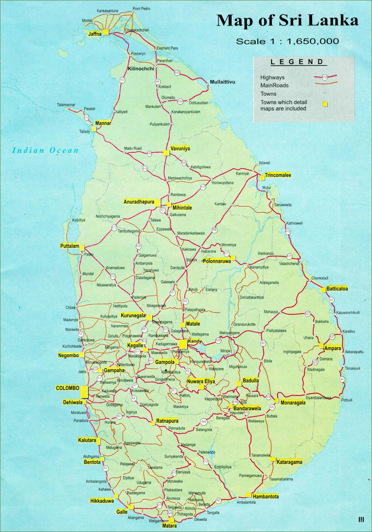 mapa turistická mapa Srí Lanky s road