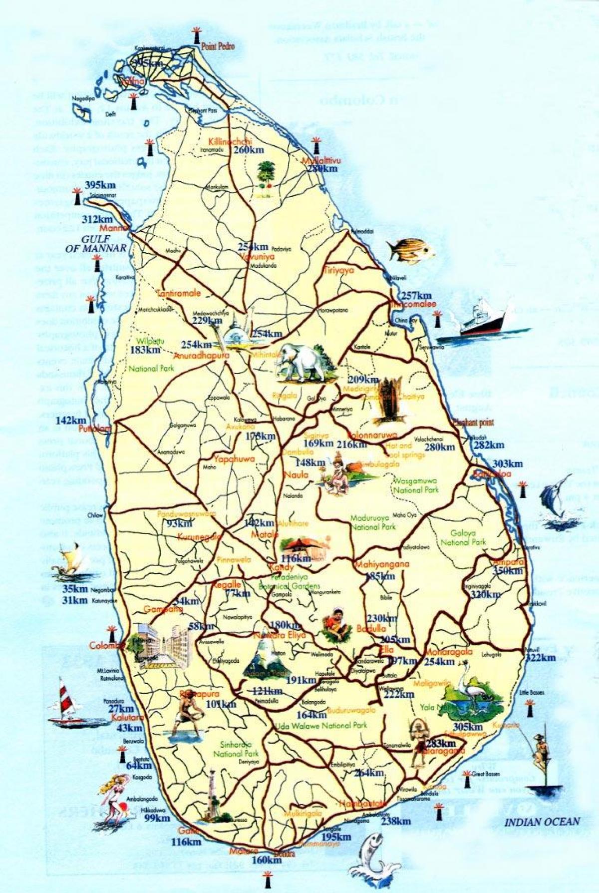 turistická mapa Srí Lanky s městy