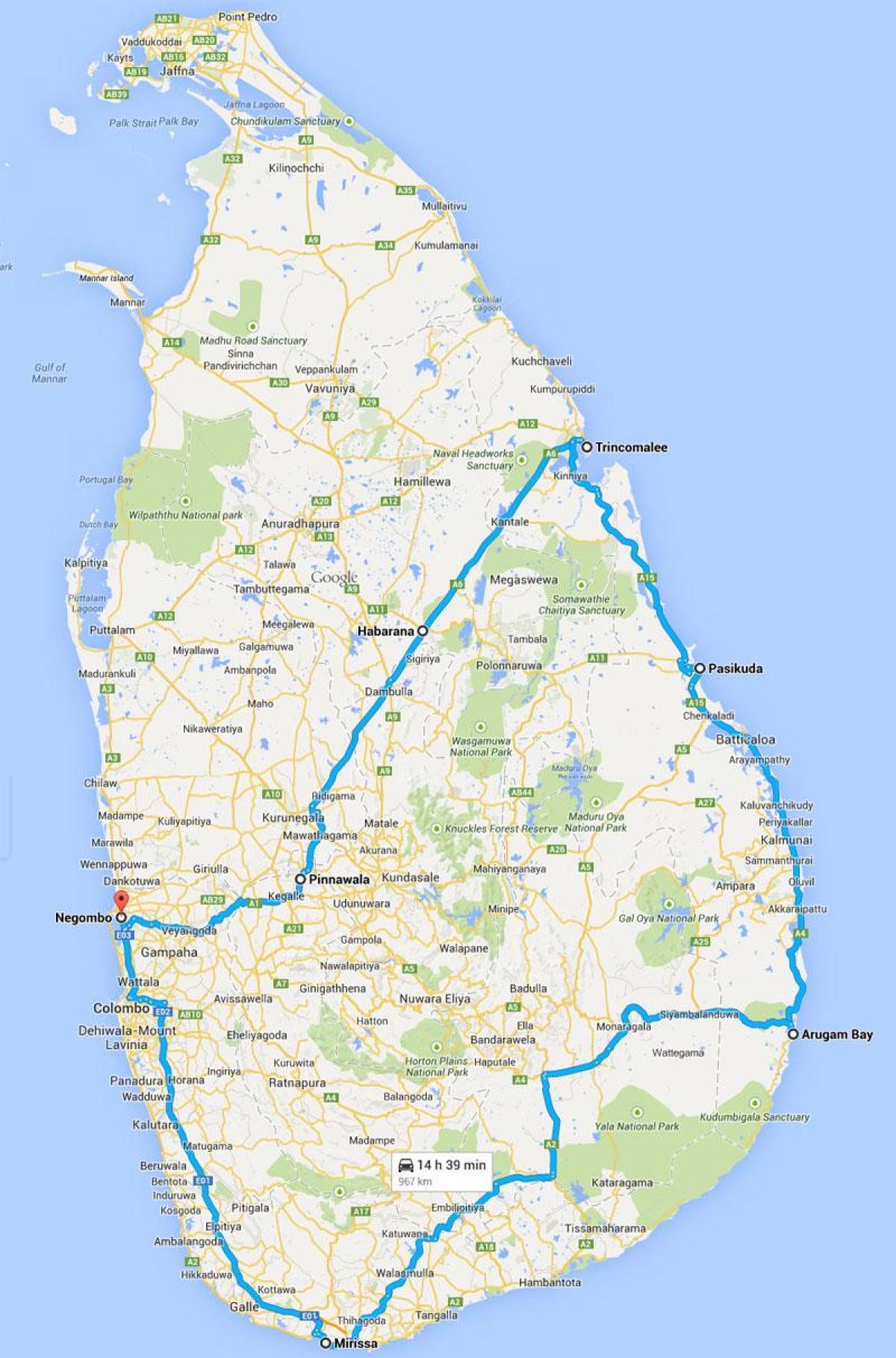 Srí Lanka nejlepší pláže mapě