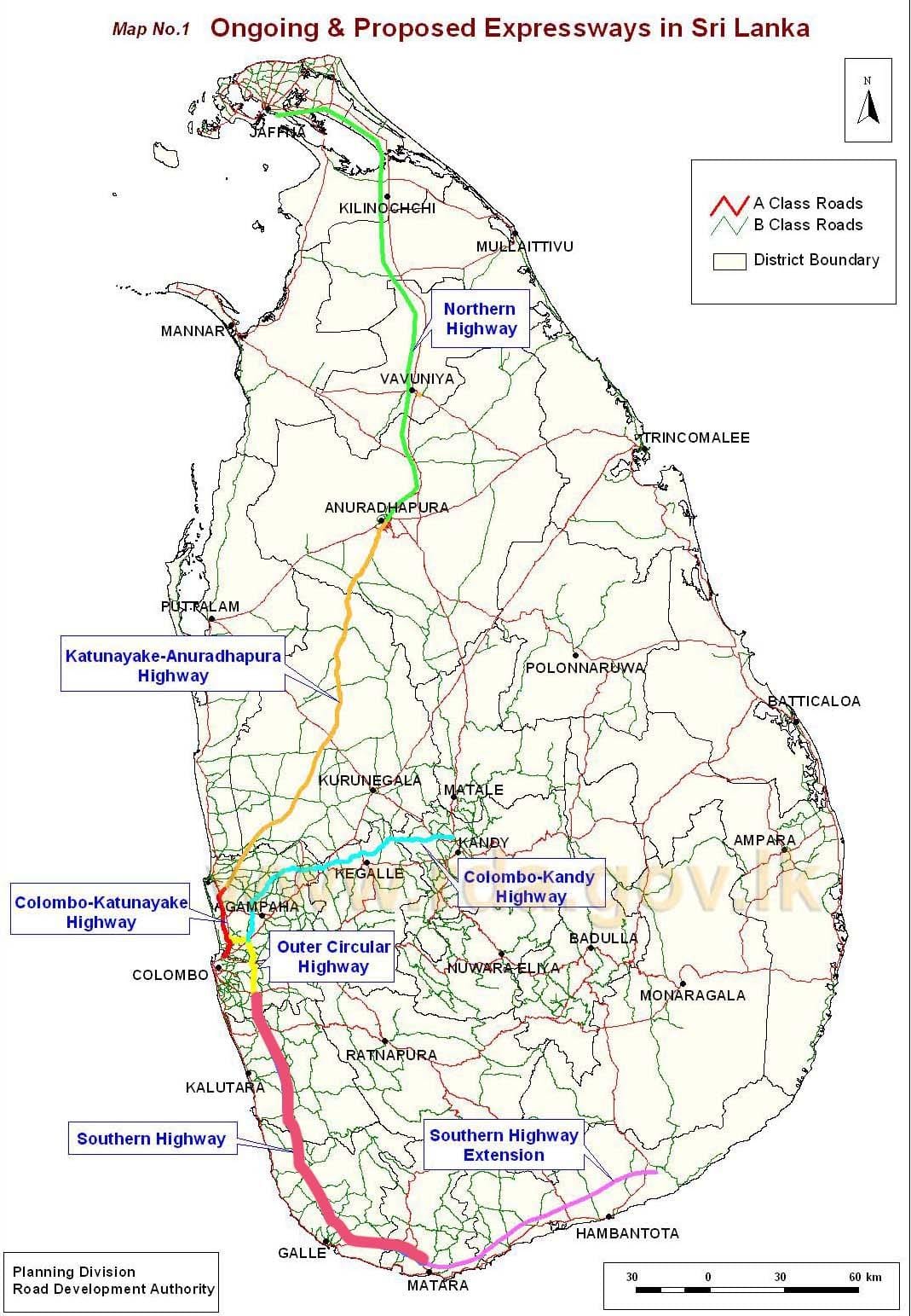 mapa Srí Lanky dálnice