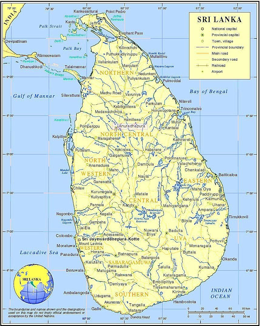 mapa Srí Lanky historických míst