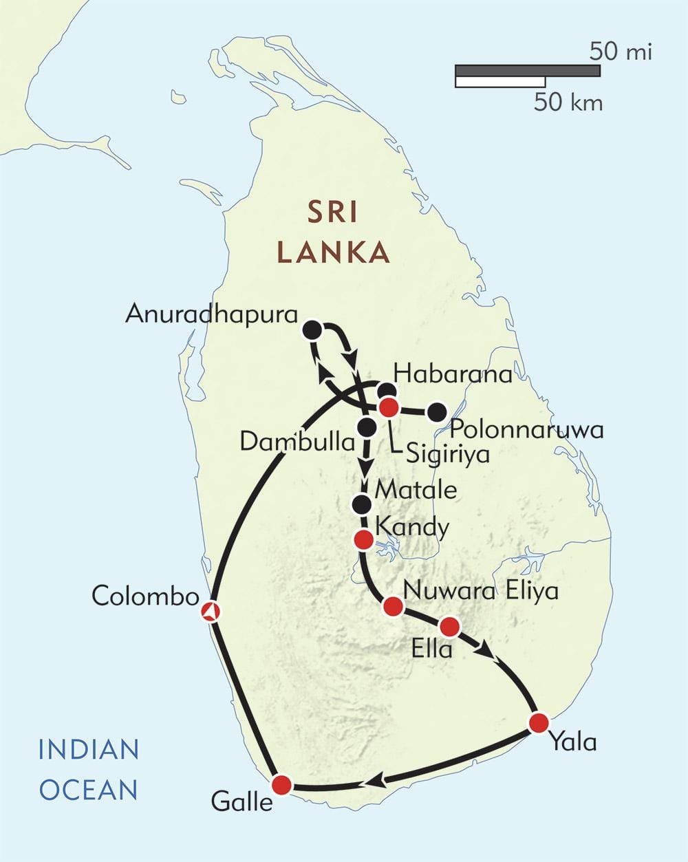 mapa Srí Lanky itinerář