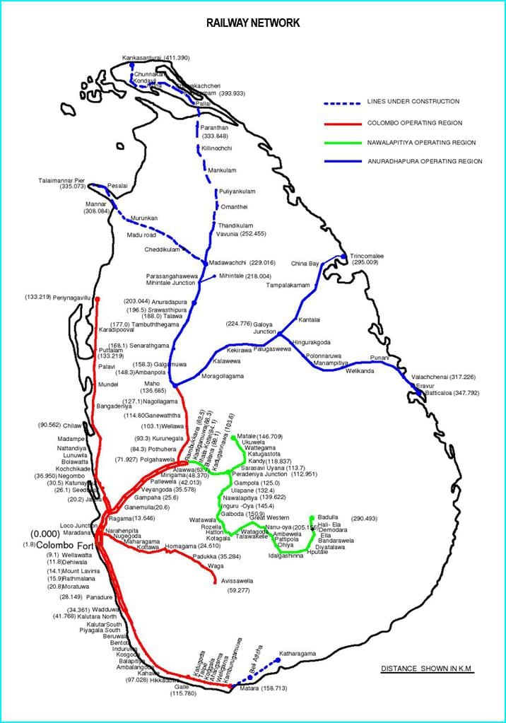 Srí Lanka mapa železniční sítě