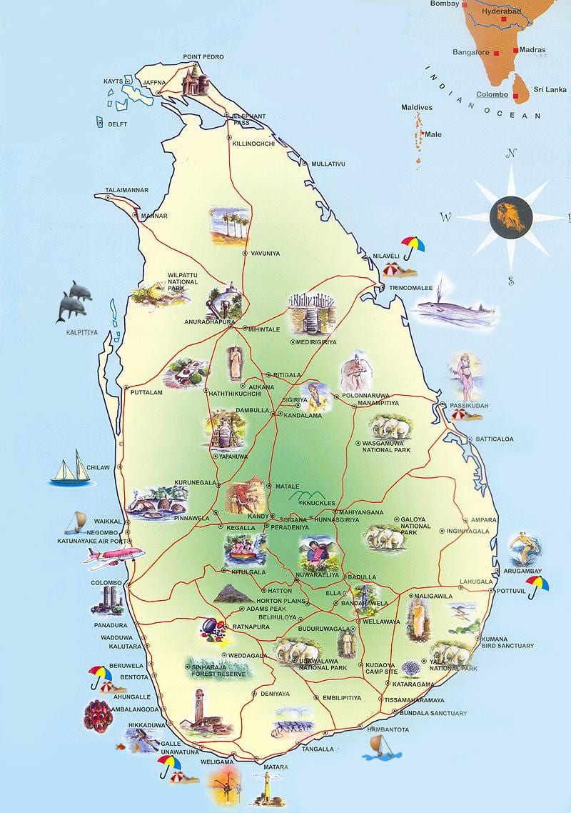 turistických atrakcí na Srí Lance mapě