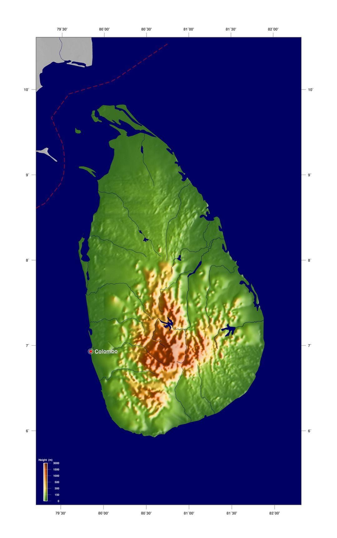 mapa Srí Lanka výška