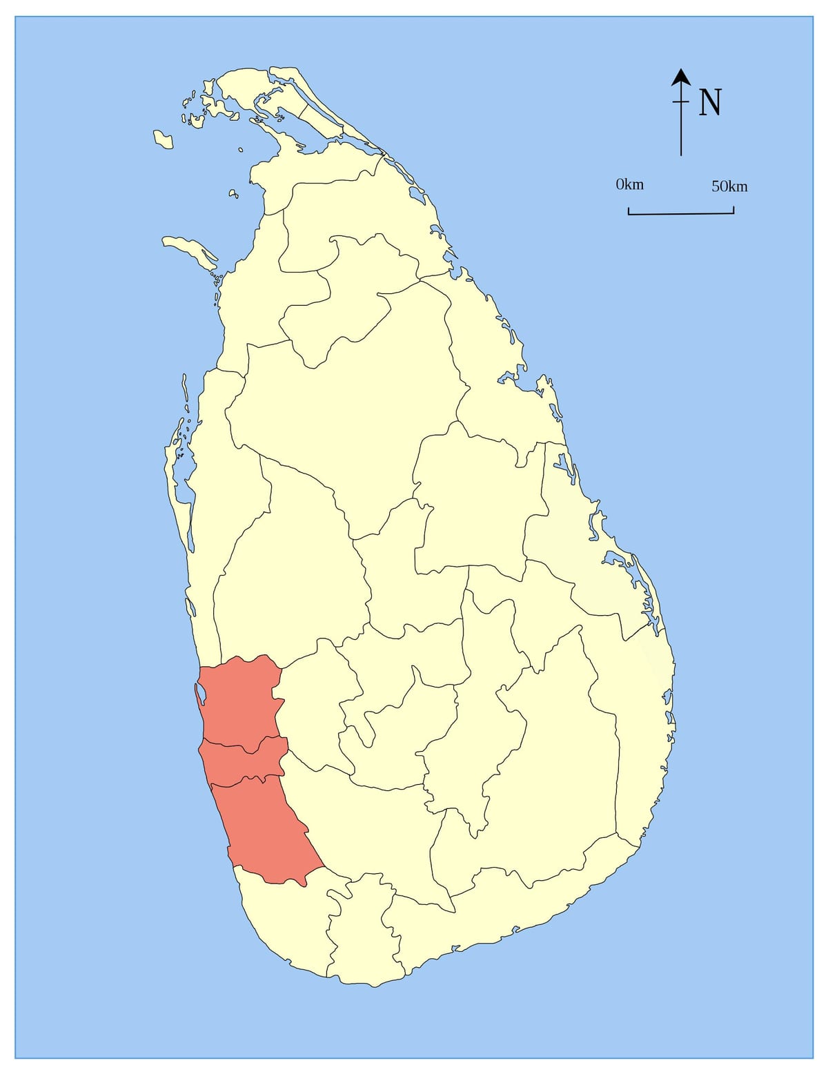 mapa Srí Lanky, západní provincie