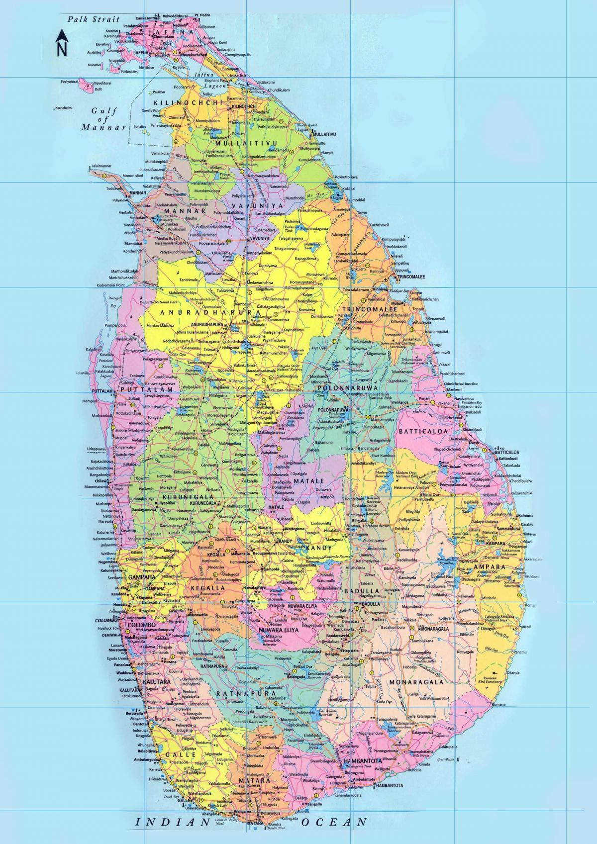 podrobná mapa Srí Lanky s komunikací