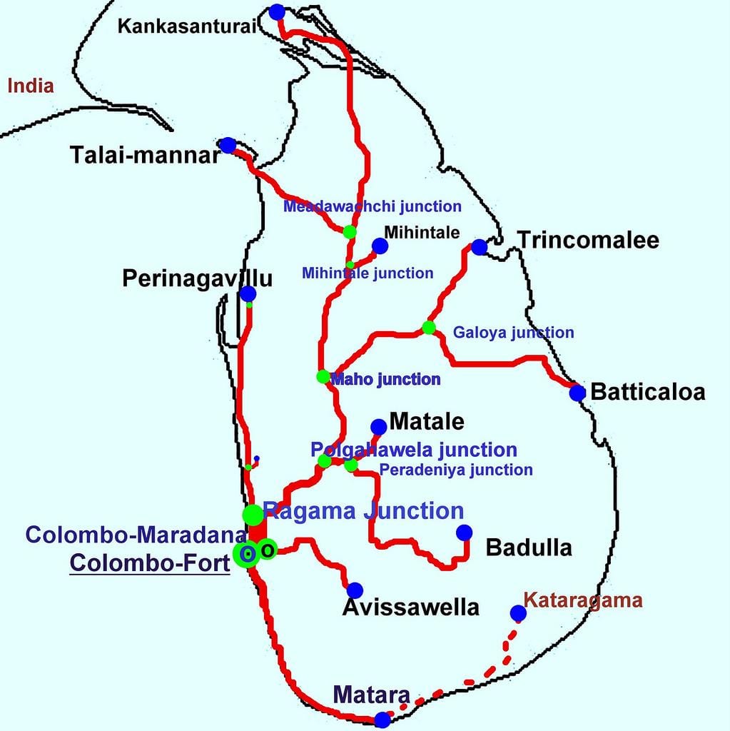 mapa Srí Lanky vlakové linky