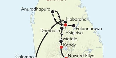 Mapa Srí Lanky itinerář